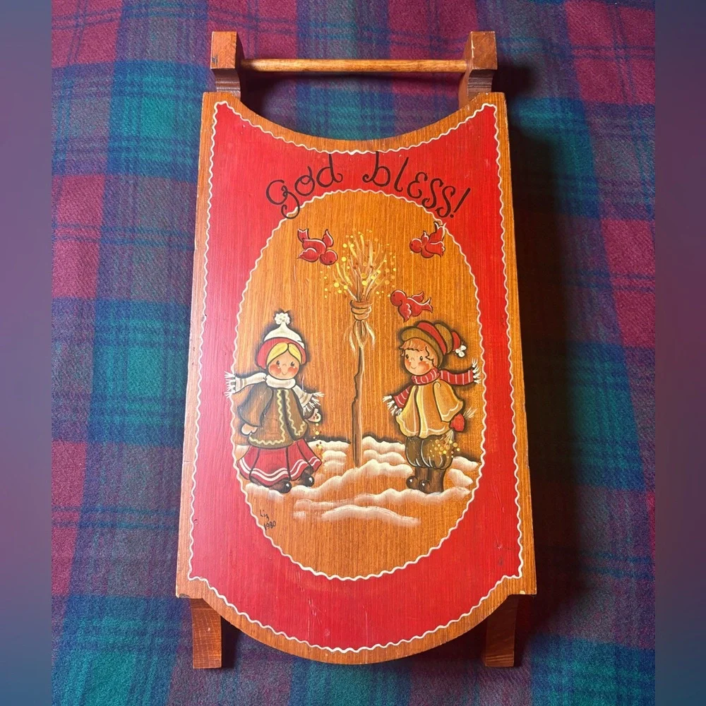 Vintage Wooden Holiday Folk Art Sled Decor